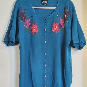 Sag Harbor Teal Cardigan with Pink & Purple Floral Embroidery
